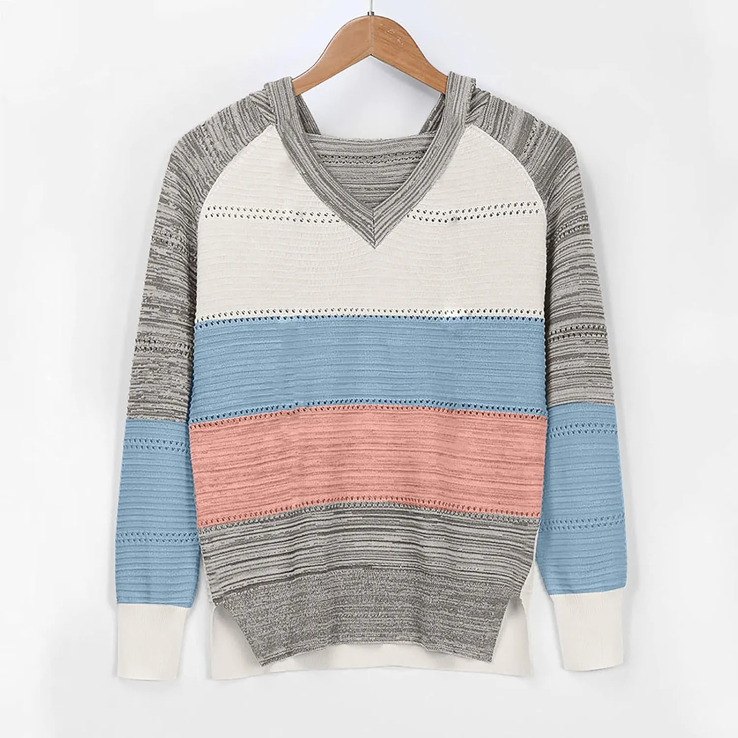 Womens Sweaters V Neck Long Sleeve Sweaters 2025 Fall Fashion Striped Oversized Ribbed Knit Hooides