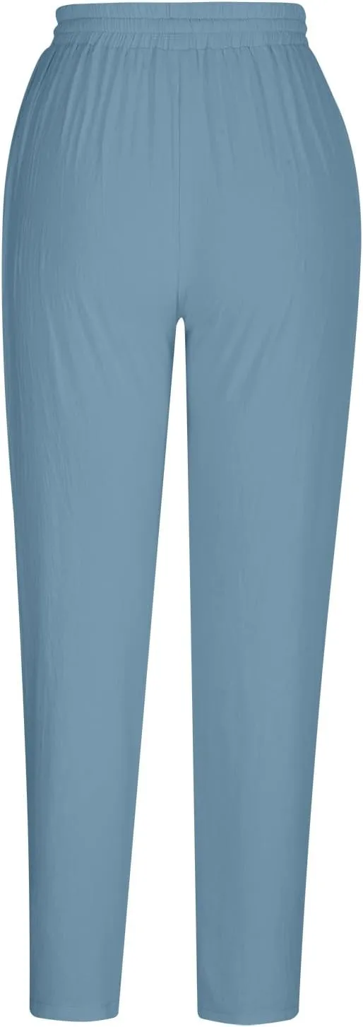 Women's Tapered Pants High Waisted Linen Pants Drawstring Work Pants Pull On Casual Pants Comfy Dress Pants Trousers