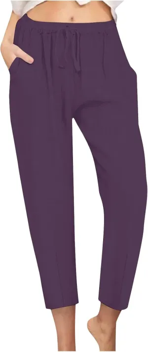 Women's Tapered Pants High Waisted Linen Pants Drawstring Work Pants Pull On Casual Pants Comfy Dress Pants Trousers