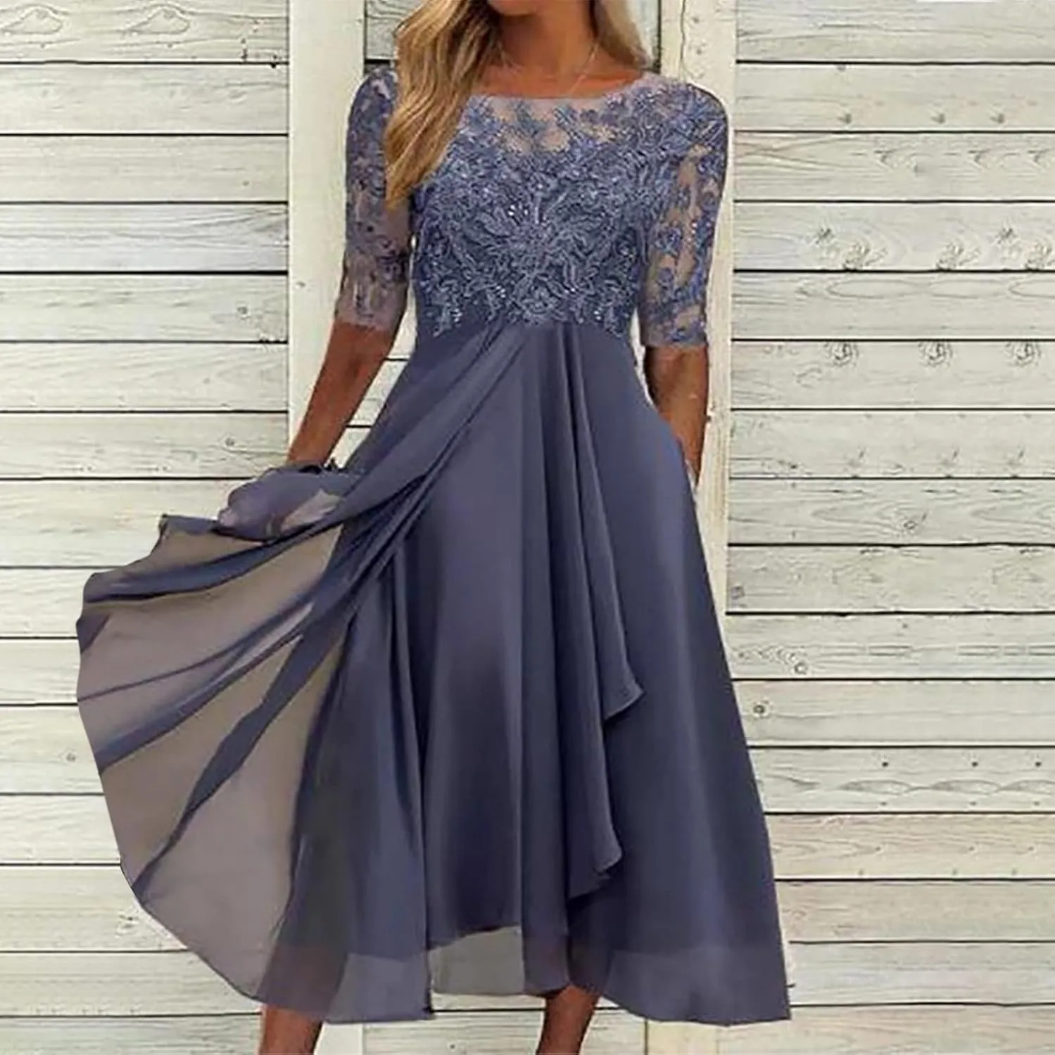 Womens Tea Length Cocktail Party Dresses Formal Wedding Guest Midi Dress Floral Lace Chiffon Bridesmaid Prom Gowns