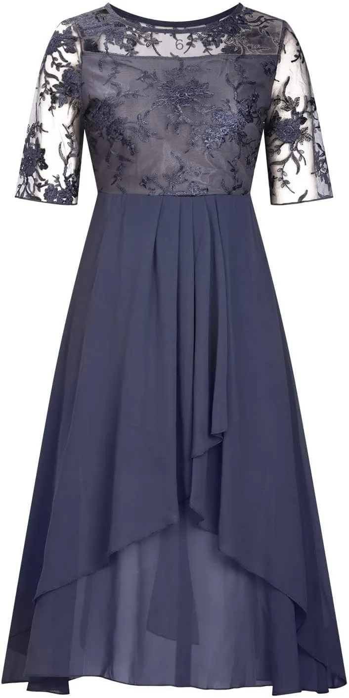 Womens Tea Length Cocktail Party Dresses Formal Wedding Guest Midi Dress Floral Lace Chiffon Bridesmaid Prom Gowns