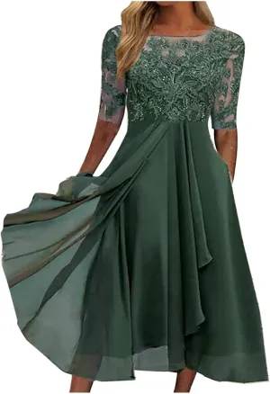 Womens Tea Length Cocktail Party Dresses Formal Wedding Guest Midi Dress Floral Lace Chiffon Bridesmaid Prom Gowns
