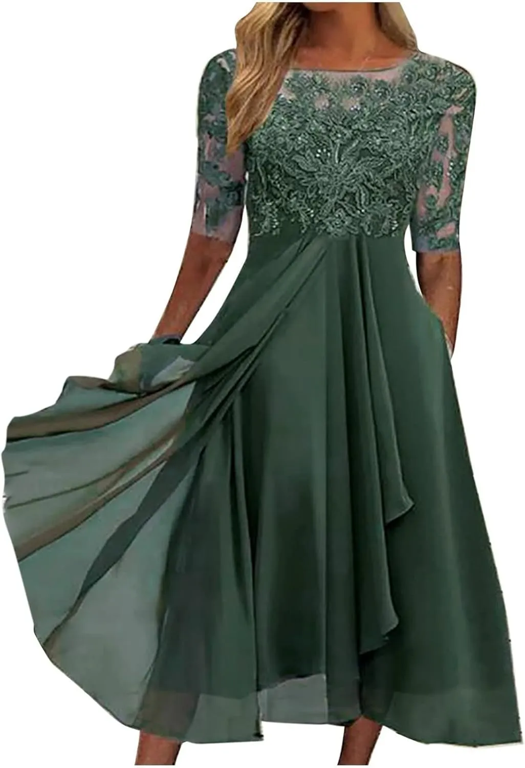 Womens Tea Length Cocktail Party Dresses Formal Wedding Guest Midi Dress Floral Lace Chiffon Bridesmaid Prom Gowns