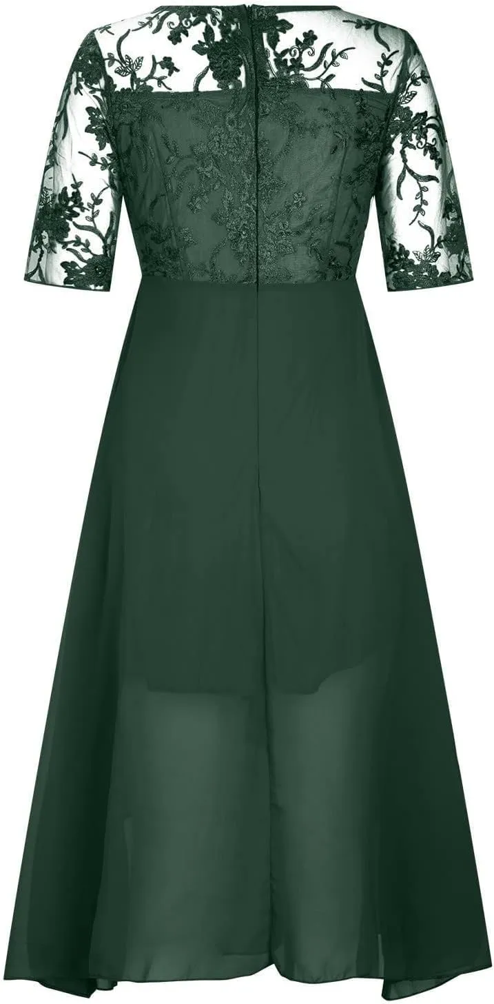 Womens Tea Length Cocktail Party Dresses Formal Wedding Guest Midi Dress Floral Lace Chiffon Bridesmaid Prom Gowns