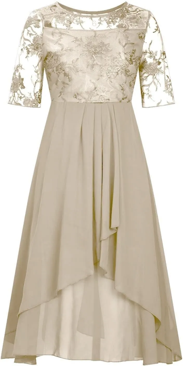 Womens Tea Length Cocktail Party Dresses Formal Wedding Guest Midi Dress Floral Lace Chiffon Bridesmaid Prom Gowns