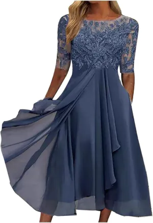 Womens Tea Length Cocktail Party Dresses Formal Wedding Guest Midi Dress Floral Lace Chiffon Bridesmaid Prom Gowns