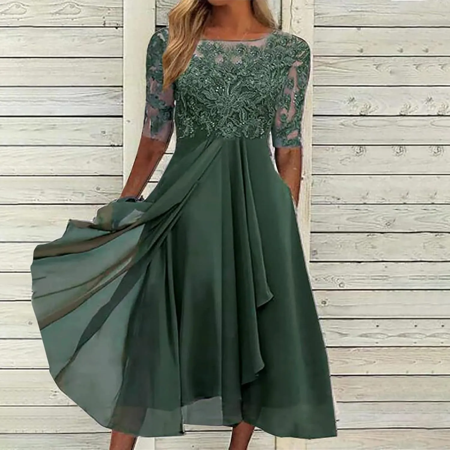 Womens Tea Length Cocktail Party Dresses Formal Wedding Guest Midi Dress Floral Lace Chiffon Bridesmaid Prom Gowns