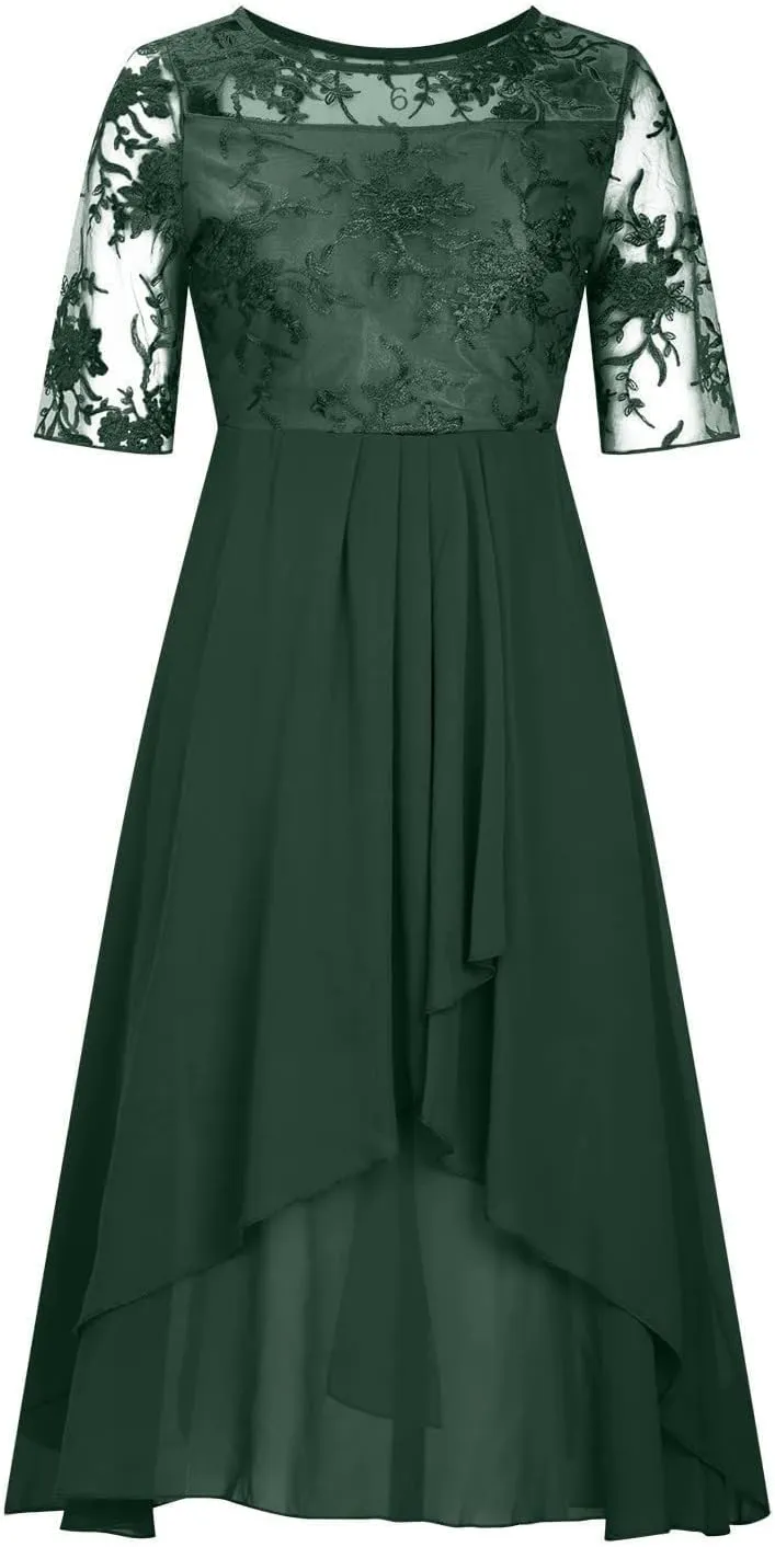 Womens Tea Length Cocktail Party Dresses Formal Wedding Guest Midi Dress Floral Lace Chiffon Bridesmaid Prom Gowns