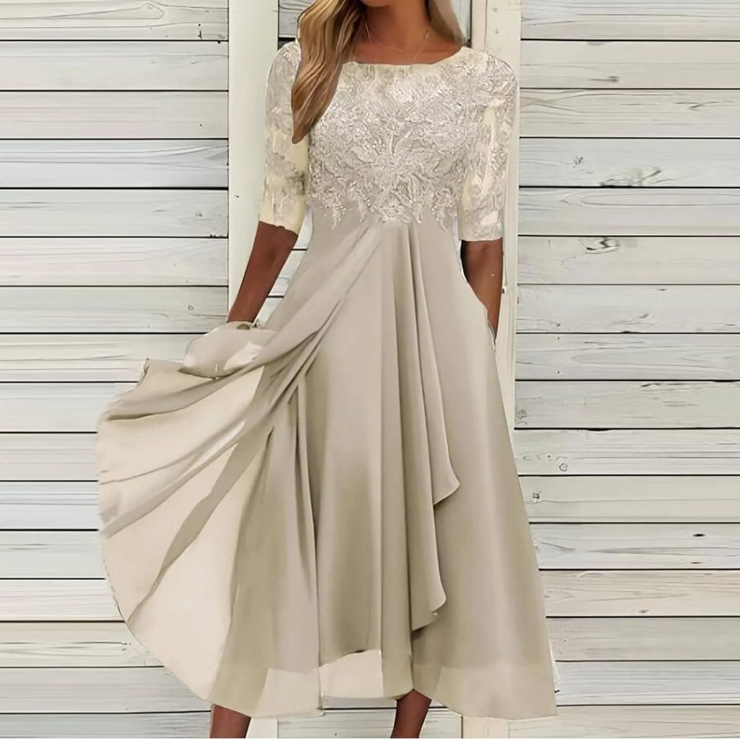 Womens Tea Length Cocktail Party Dresses Formal Wedding Guest Midi Dress Floral Lace Chiffon Bridesmaid Prom Gowns