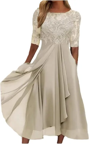 Womens Tea Length Cocktail Party Dresses Formal Wedding Guest Midi Dress Floral Lace Chiffon Bridesmaid Prom Gowns
