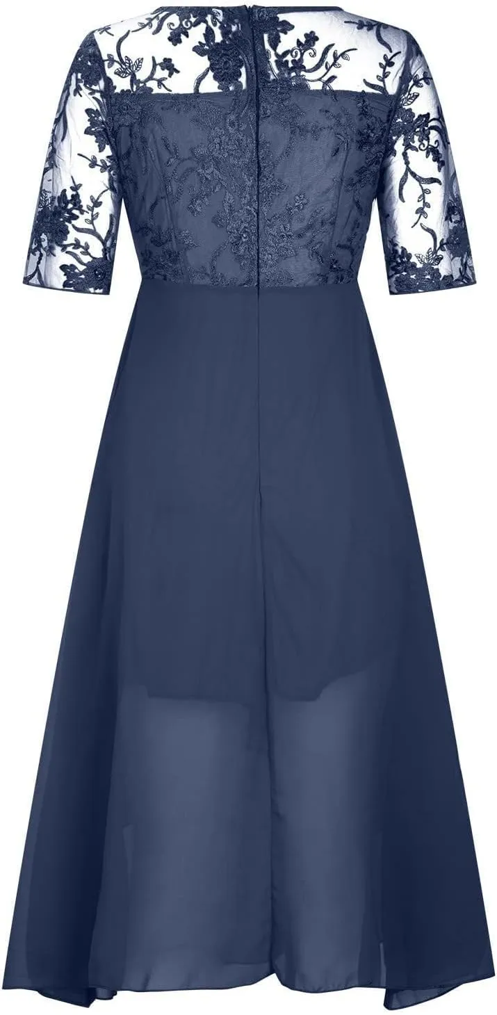 Womens Tea Length Cocktail Party Dresses Formal Wedding Guest Midi Dress Floral Lace Chiffon Bridesmaid Prom Gowns
