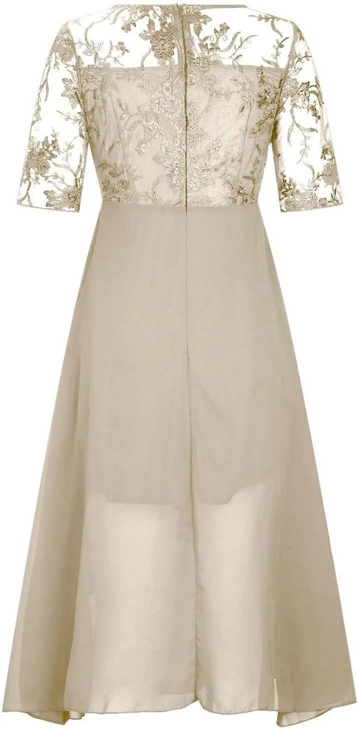 Womens Tea Length Cocktail Party Dresses Formal Wedding Guest Midi Dress Floral Lace Chiffon Bridesmaid Prom Gowns