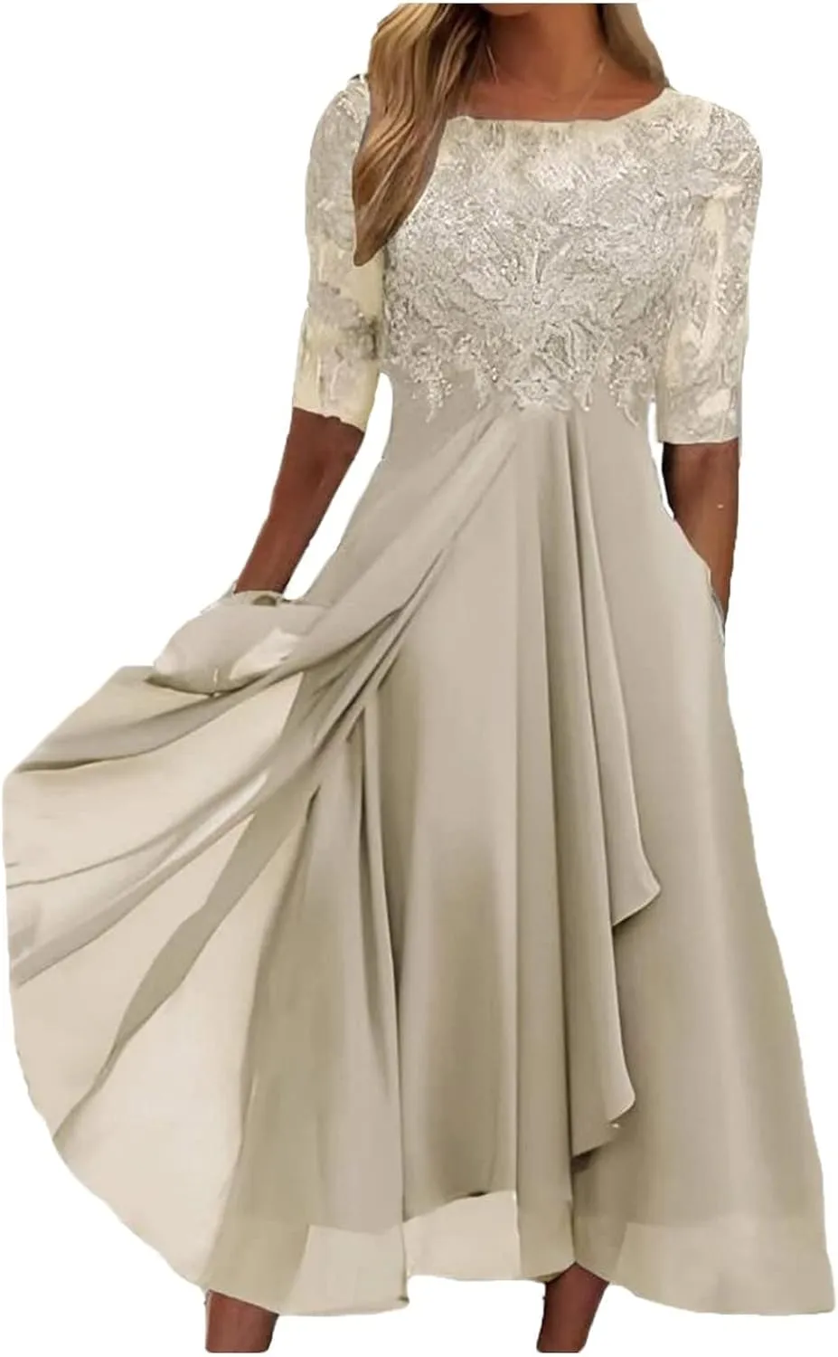 Womens Tea Length Cocktail Party Dresses Formal Wedding Guest Midi Dress Floral Lace Chiffon Bridesmaid Prom Gowns