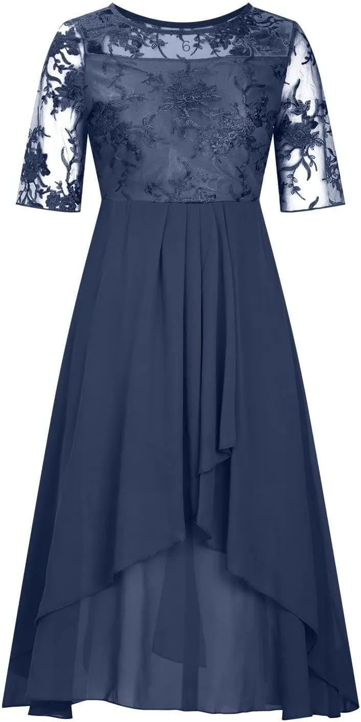 Womens Tea Length Cocktail Party Dresses Formal Wedding Guest Midi Dress Floral Lace Chiffon Bridesmaid Prom Gowns