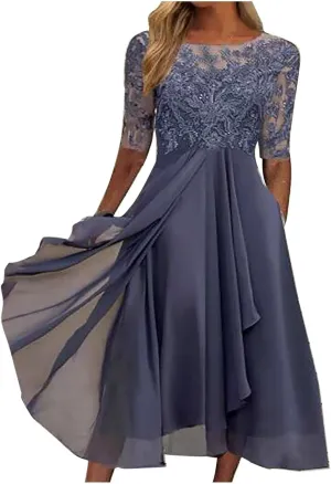 Womens Tea Length Cocktail Party Dresses Formal Wedding Guest Midi Dress Floral Lace Chiffon Bridesmaid Prom Gowns