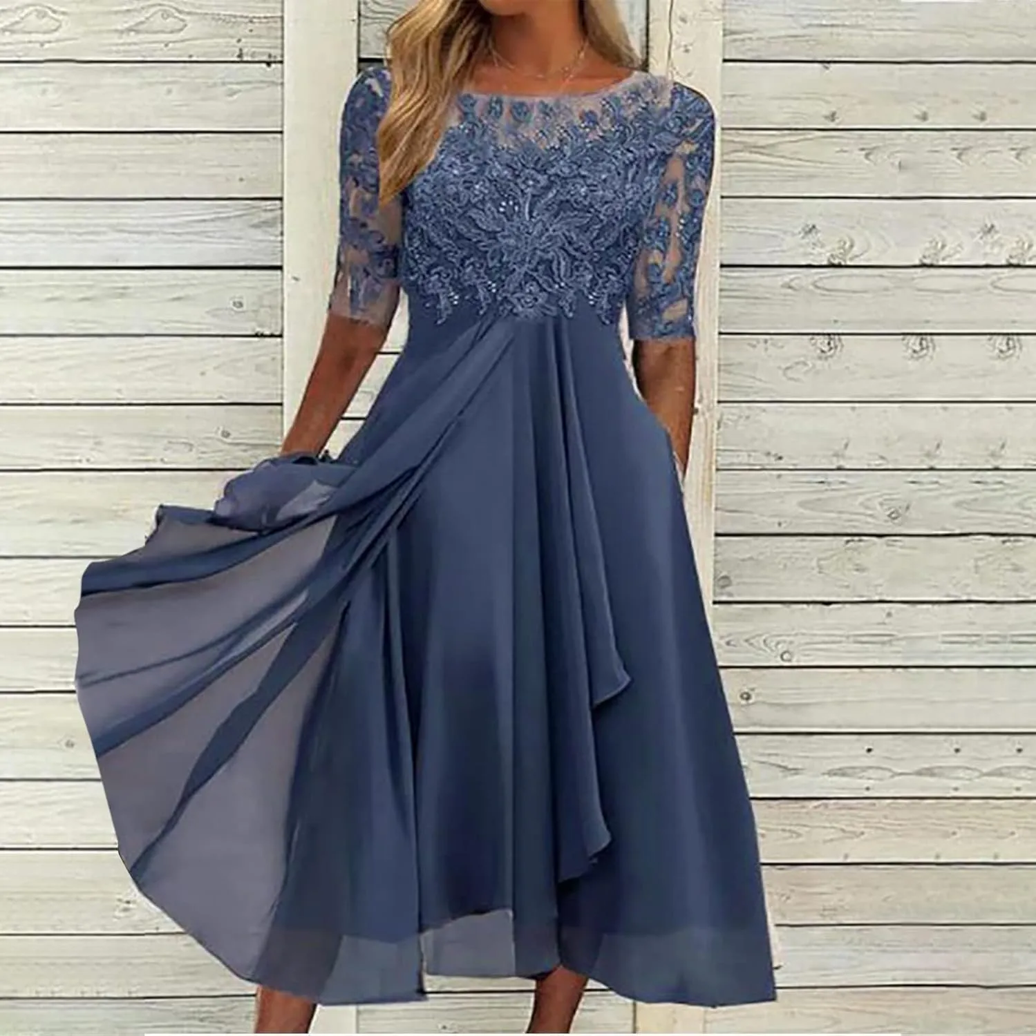 Womens Tea Length Cocktail Party Dresses Formal Wedding Guest Midi Dress Floral Lace Chiffon Bridesmaid Prom Gowns