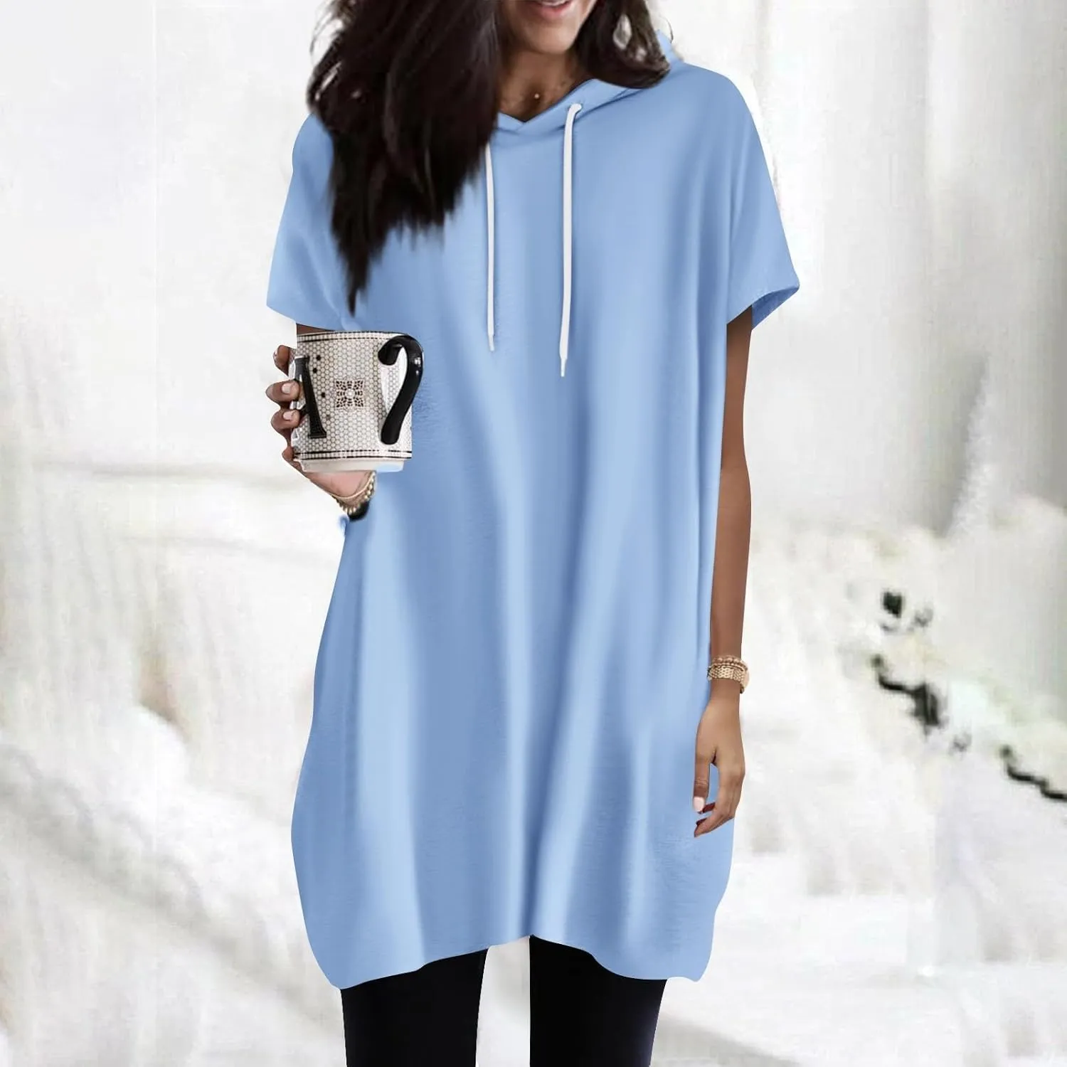 Womens Tunics to Wear with Leggings Oversized Outdoor Sports Hoodies Summer Short Sleeve Hooded Tshirts with Pockets