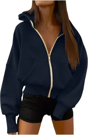 Womens Zip Up Hoodie Fleece Sweatshirt 2025 Fashion Long Sleeve Jacket with Pockets Loose Fit Casual Trendy