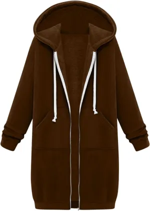 Womens Zip Up Hoodies Long Sleeve Fall Hooded Lightweight Knee Length Tunic Sweatshirt Comfy Oversized Jackets With Pockets