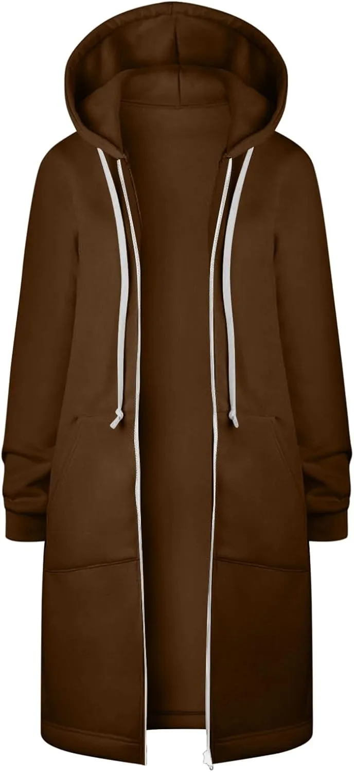 Womens Zip Up Hoodies Long Sleeve Fall Hooded Lightweight Knee Length Tunic Sweatshirt Comfy Oversized Jackets With Pockets