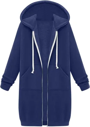 Womens Zip Up Hoodies Long Sleeve Fall Hooded Lightweight Knee Length Tunic Sweatshirt Comfy Oversized Jackets With Pockets