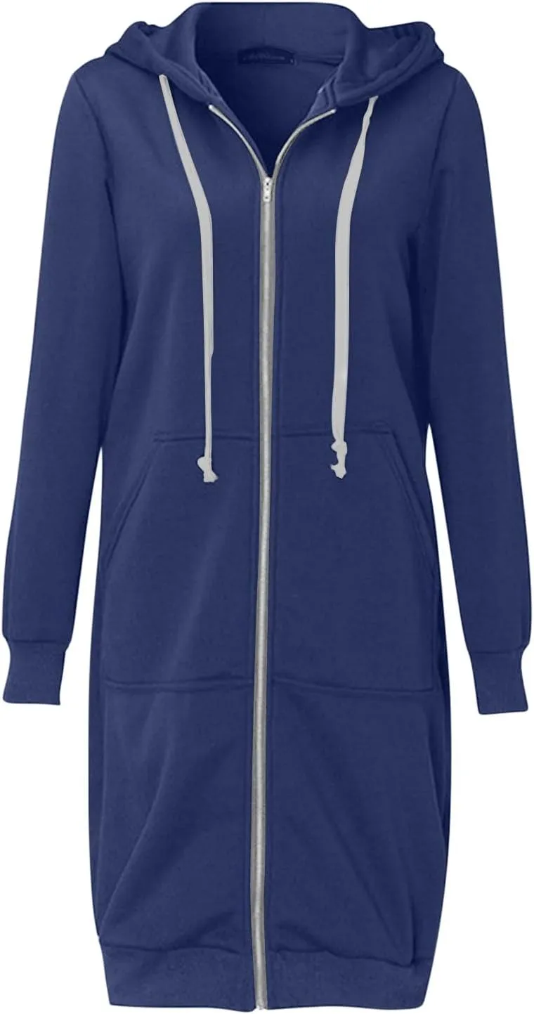 Womens Zip Up Hoodies Long Sleeve Fall Hooded Lightweight Knee Length Tunic Sweatshirt Comfy Oversized Jackets With Pockets