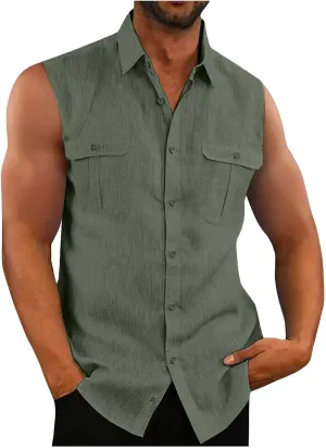 Xiaojmake Mens Sleeveless Button Down Shirts Collared Cotton Linen T-Shirt Summer Beach Basic Tank Tops Vest with Pockets