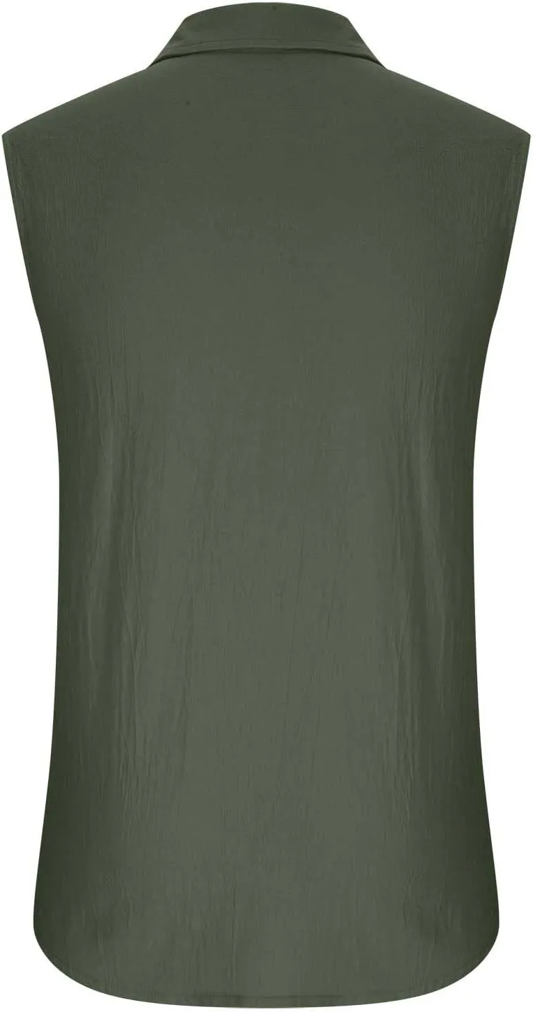 Xiaojmake Mens Sleeveless Button Down Shirts Collared Cotton Linen T-Shirt Summer Beach Basic Tank Tops Vest with Pockets