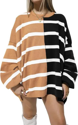 XPONNI Oversized Sweaters Trendy Crewneck Batwing Sweaters Striped Sweater Women Pullover Sweaters Y2k Streetwear