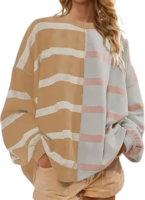 XPONNI Oversized Sweaters Trendy Crewneck Batwing Sweaters Striped Sweater Women Pullover Sweaters Y2k Streetwear