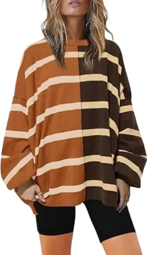 XPONNI Oversized Sweaters Trendy Crewneck Batwing Sweaters Striped Sweater Women Pullover Sweaters Y2k Streetwear