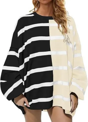 XPONNI Oversized Sweaters Trendy Crewneck Batwing Sweaters Striped Sweater Women Pullover Sweaters Y2k Streetwear