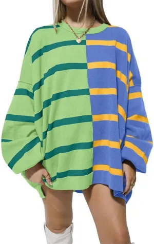 XPONNI Oversized Sweaters Trendy Crewneck Batwing Sweaters Striped Sweater Women Pullover Sweaters Y2k Streetwear