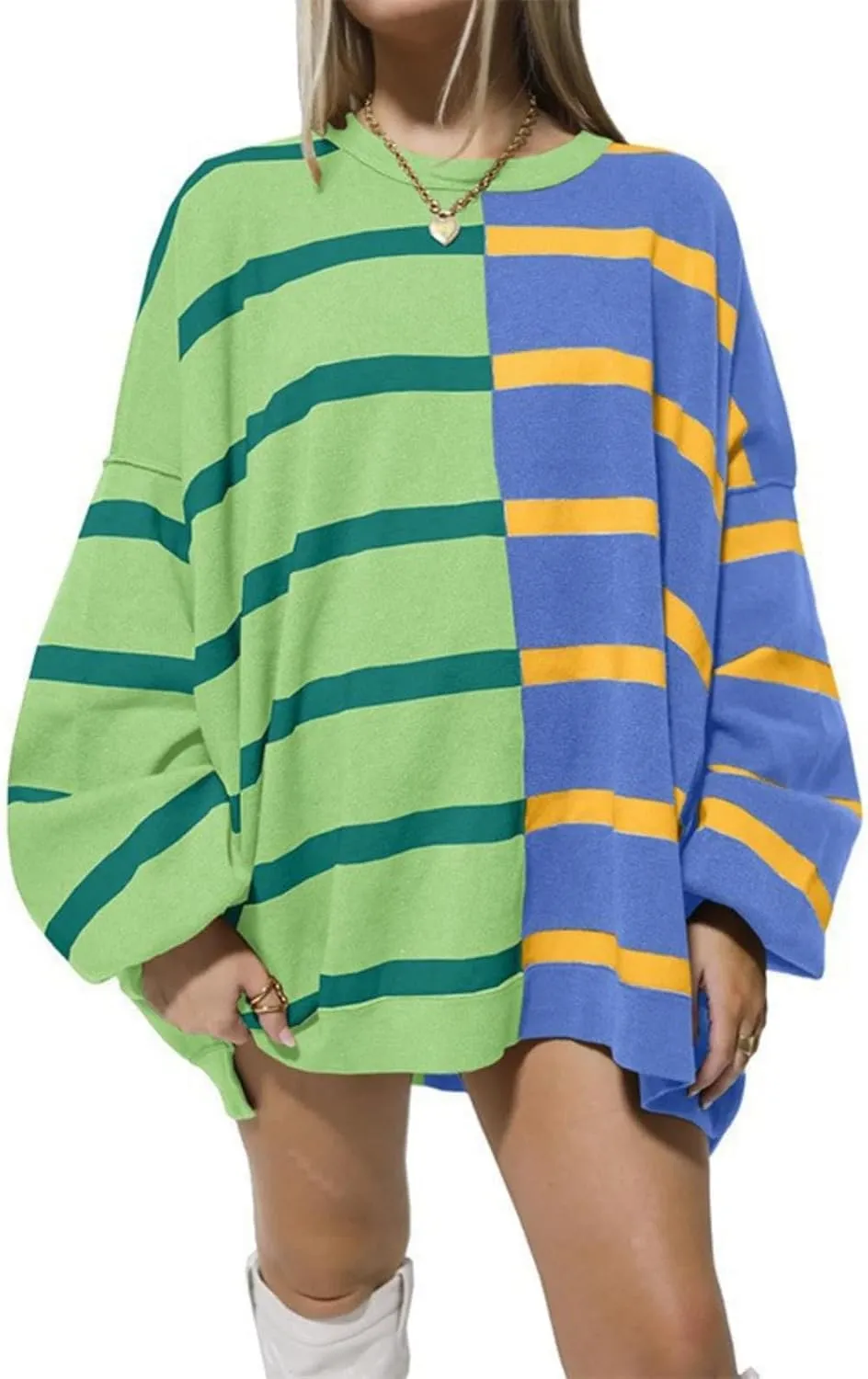 XPONNI Oversized Sweaters Trendy Crewneck Batwing Sweaters Striped Sweater Women Pullover Sweaters Y2k Streetwear
