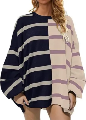 XPONNI Oversized Sweaters Trendy Crewneck Batwing Sweaters Striped Sweater Women Pullover Sweaters Y2k Streetwear