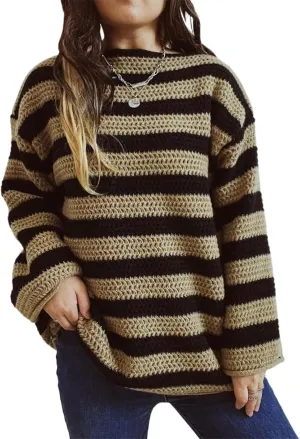 XPONNI Striped Sweater Women Pullover Sweaters Y2k Streetwear Oversized Sweaters Trendy Crewneck Batwing Sweaters