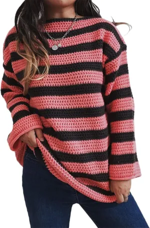 XPONNI Striped Sweater Women Pullover Sweaters Y2k Streetwear Oversized Sweaters Trendy Crewneck Batwing Sweaters
