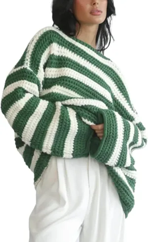 XPONNI Striped Sweater Women Pullover Sweaters Y2k Streetwear Oversized Sweaters Trendy Crewneck Batwing Sweaters
