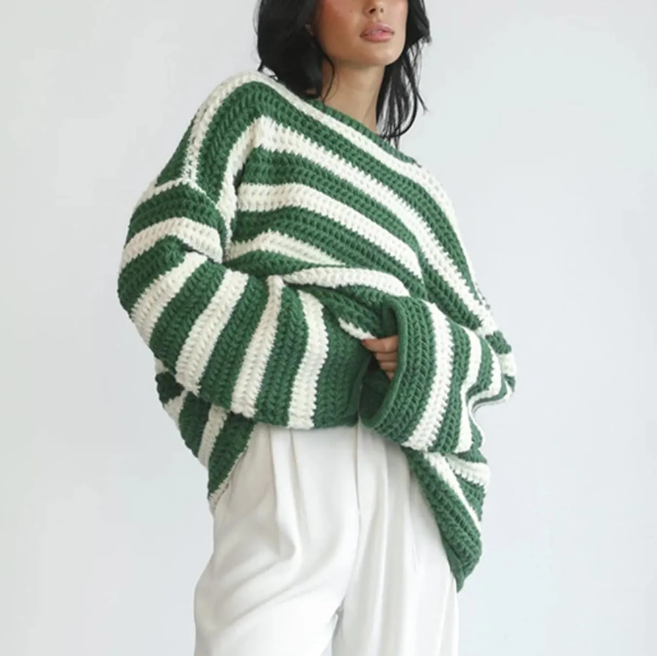XPONNI Striped Sweater Women Pullover Sweaters Y2k Streetwear Oversized Sweaters Trendy Crewneck Batwing Sweaters