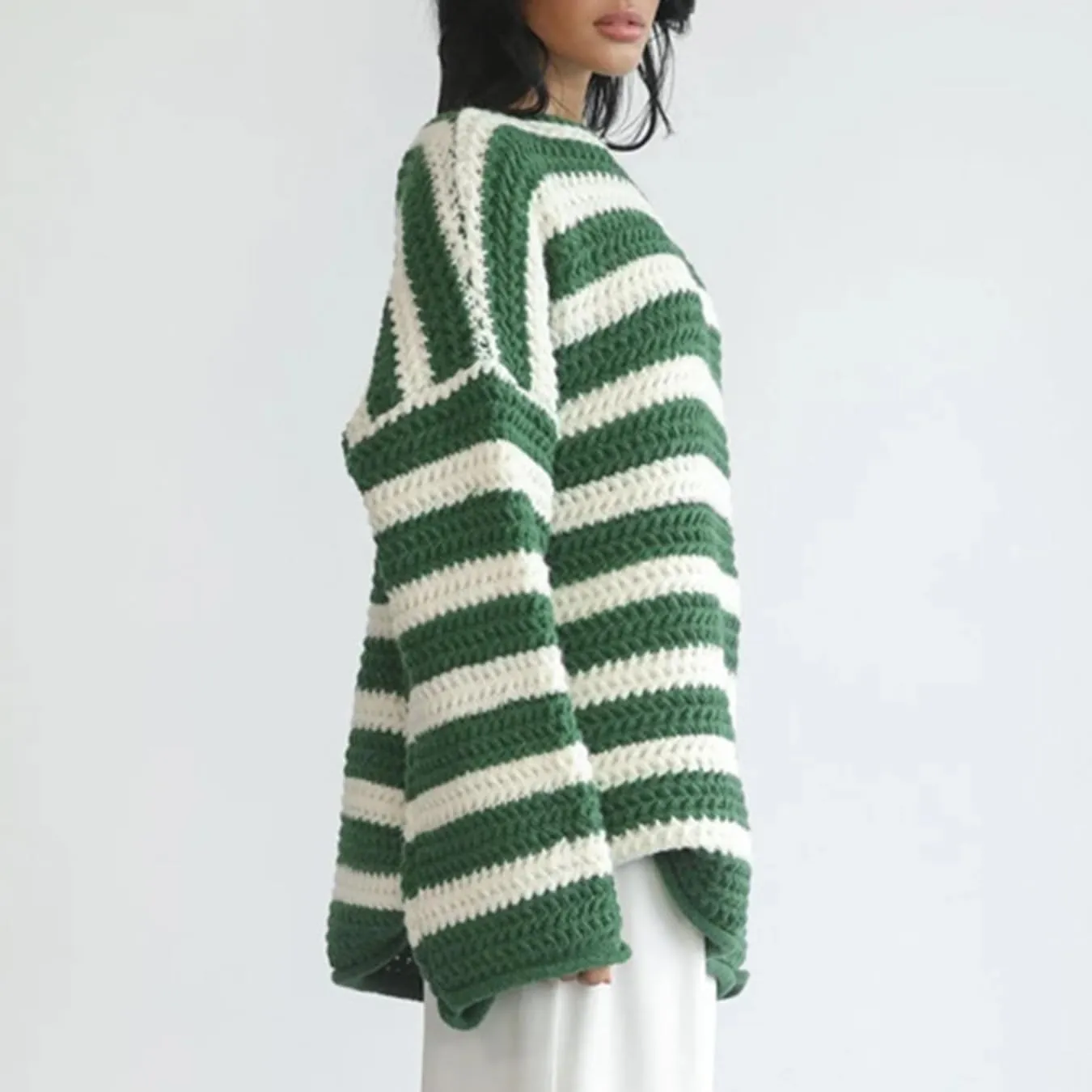 XPONNI Striped Sweater Women Pullover Sweaters Y2k Streetwear Oversized Sweaters Trendy Crewneck Batwing Sweaters