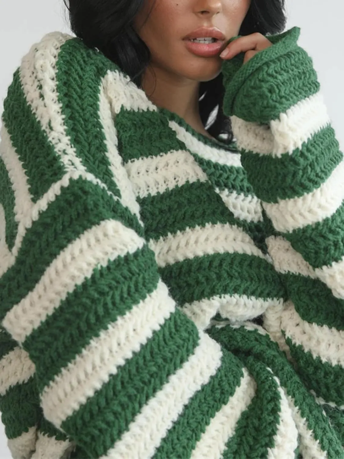 XPONNI Striped Sweater Women Pullover Sweaters Y2k Streetwear Oversized Sweaters Trendy Crewneck Batwing Sweaters