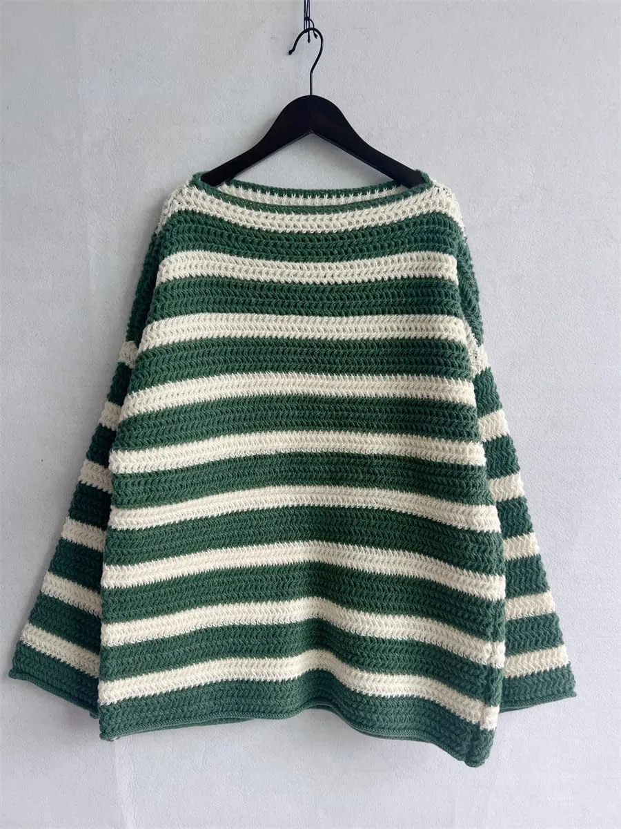 XPONNI Striped Sweater Women Pullover Sweaters Y2k Streetwear Oversized Sweaters Trendy Crewneck Batwing Sweaters