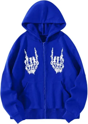 Y2K Hoodies for Women Full Zip Up Print Graphic Oversized Pockets Hooded Jacket 90s Long Sleeve Sweatshirt Halloween Fall