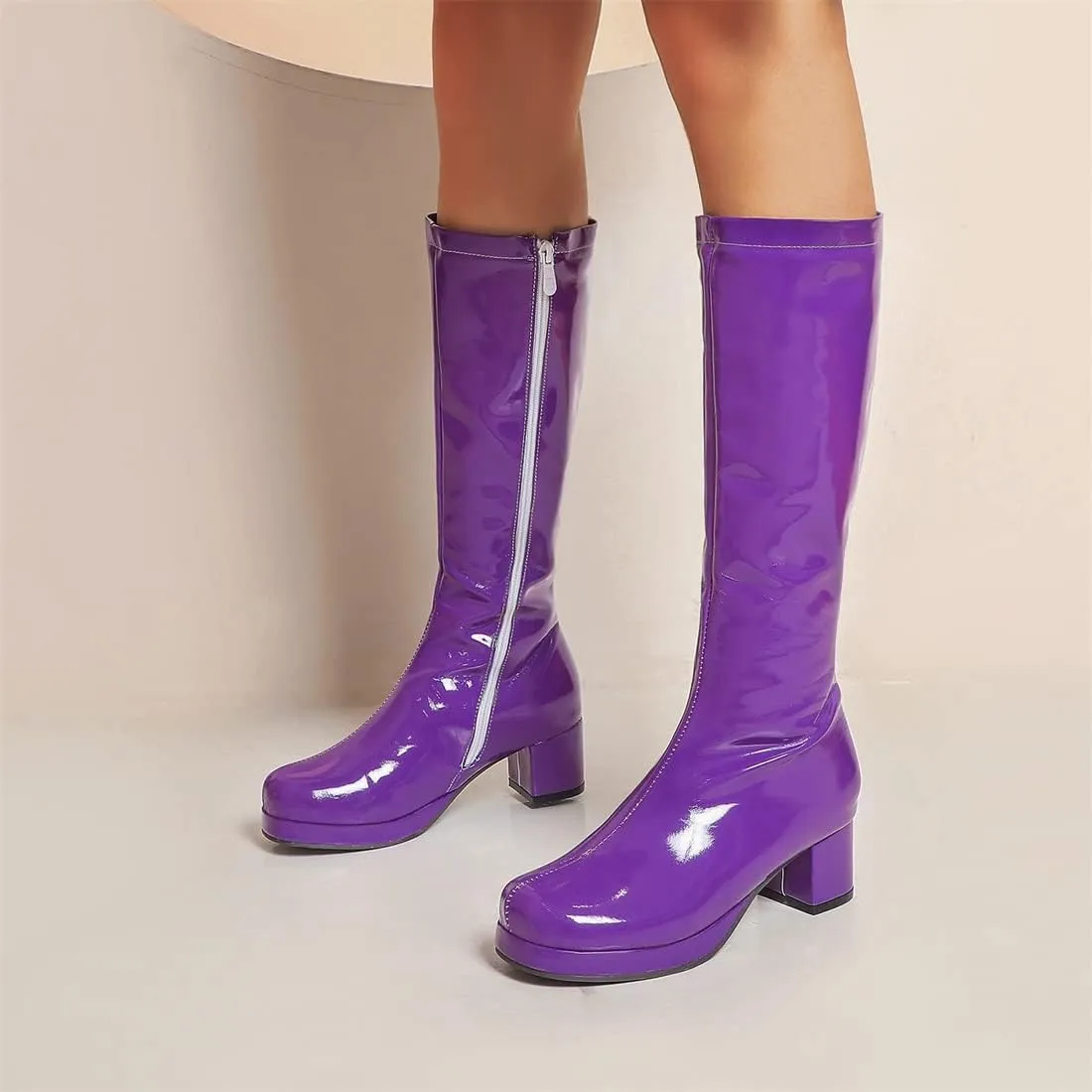 YIYA Women's Knee High GOGO Boots Colorful Patent Leather Waterproof Rain Boots Chunky Low Heel Party Costume Shoes