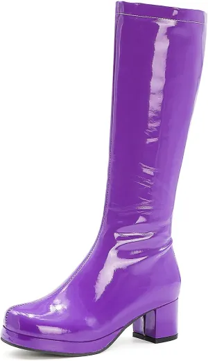YIYA Women's Knee High GOGO Boots Colorful Patent Leather Waterproof Rain Boots Chunky Low Heel Party Costume Shoes