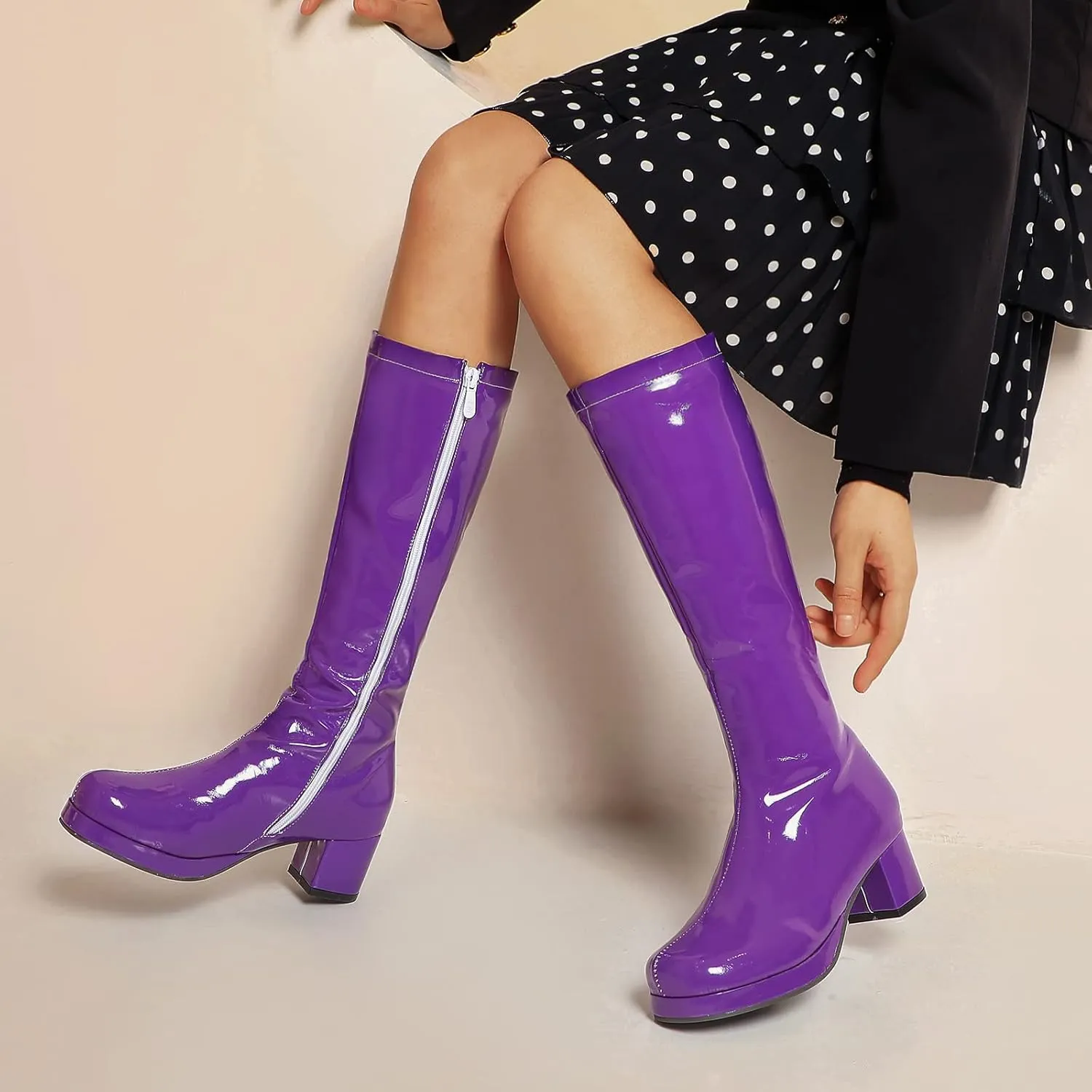 YIYA Women's Knee High GOGO Boots Colorful Patent Leather Waterproof Rain Boots Chunky Low Heel Party Costume Shoes