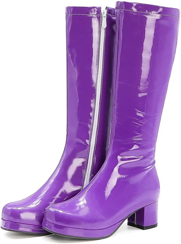 YIYA Women's Knee High GOGO Boots Colorful Patent Leather Waterproof Rain Boots Chunky Low Heel Party Costume Shoes