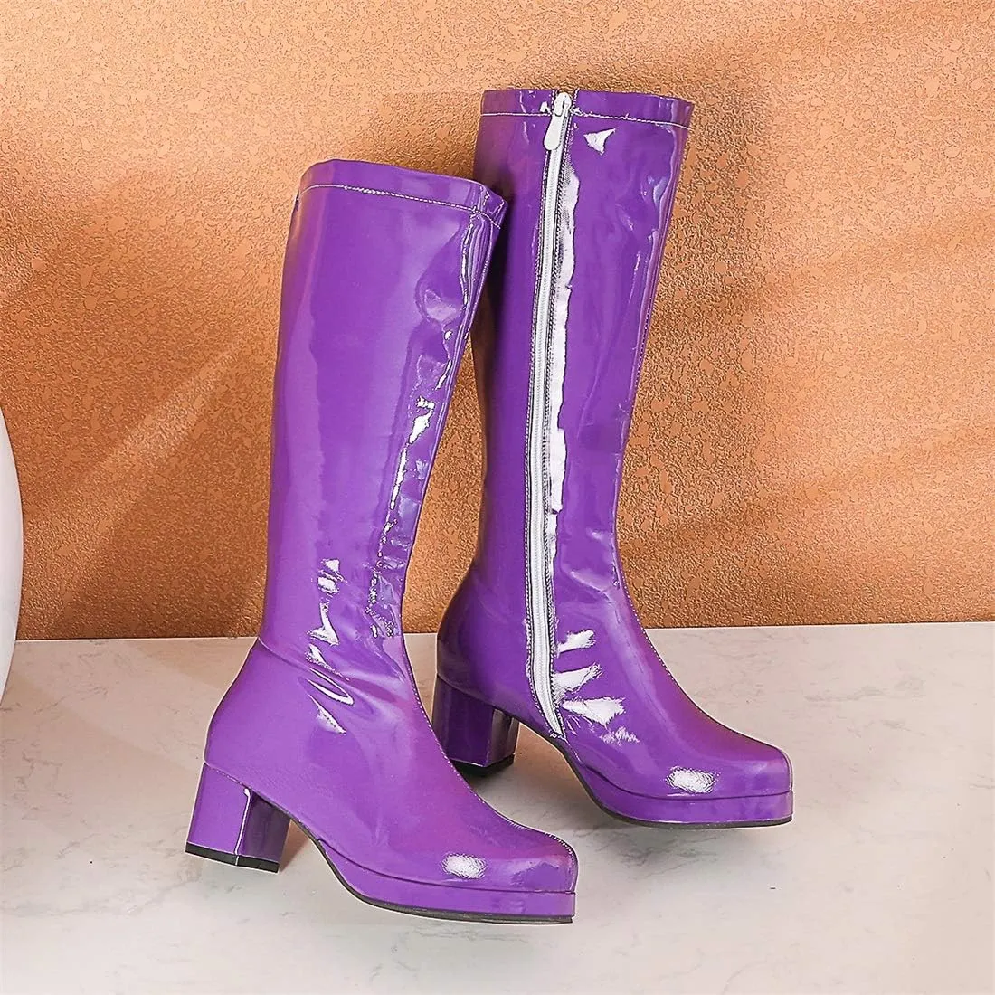 YIYA Women's Knee High GOGO Boots Colorful Patent Leather Waterproof Rain Boots Chunky Low Heel Party Costume Shoes