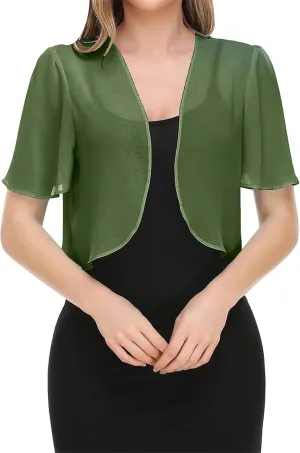 YMING Womens Chiffon Open Front Bolero Short Sleeve Cropped Cardigans Sheer Shrug Arm Covers for Dress