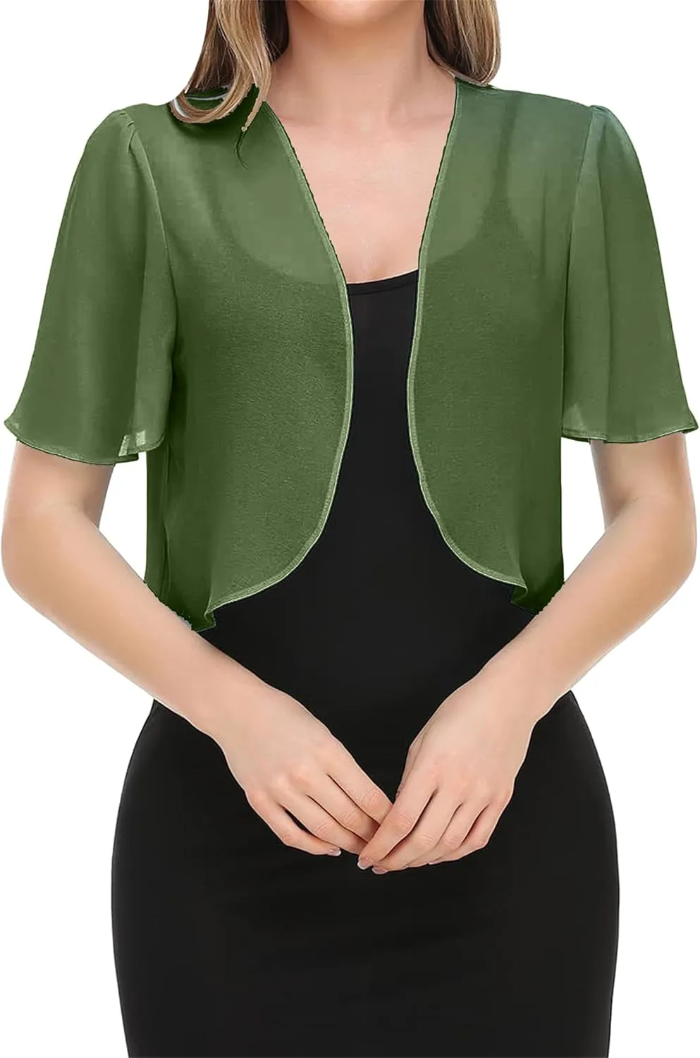 YMING Womens Chiffon Open Front Bolero Short Sleeve Cropped Cardigans Sheer Shrug Arm Covers for Dress